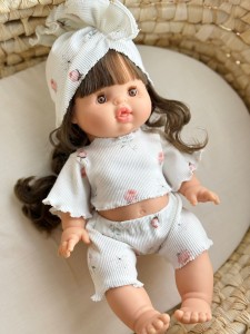 Komplecik z prążkowanej bawełny - Róża i gałązki - ubranko dla lalki 
