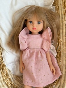 Muślinowa sukienka - W złote kropki - Róż - ubranko dla lalki 
