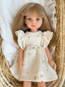 Muślinowa sukienka - Kremowa w złote gwiazdki - ubranko dla lalki   