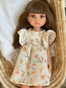 Muślinowa sukienka - Kremowa w Goździki - ubranko dla lalki     