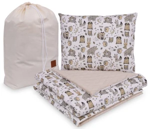 Komplet przedszkolaka VELVET 100x135 + poduszka, kołderka i worek - Beżowe Zwierzątka - Infantilo    